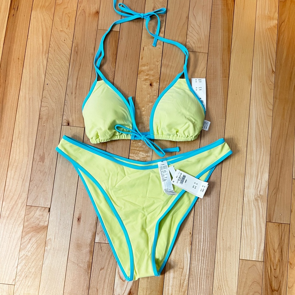 Blue-Trim Yellow Triangle Bikini Set